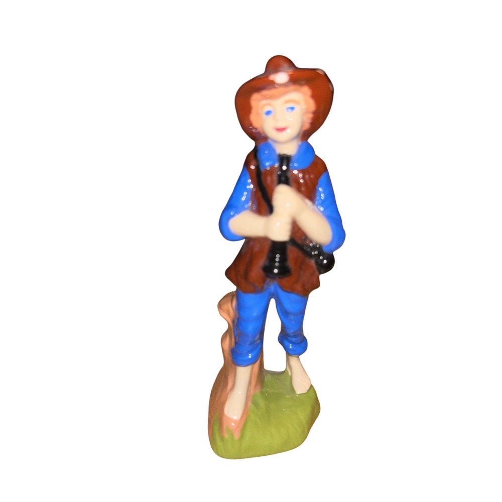 Vintage Ceramic Boy Flute Player Figurine Hand Painted Shepherd Blue Brown 6"